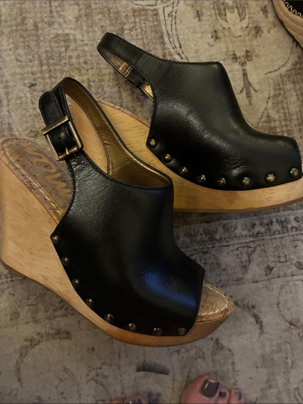 SAM EDELMAN Women’s Black Leather Studded Wooden Wedge Camilla Sandals Size 7.5